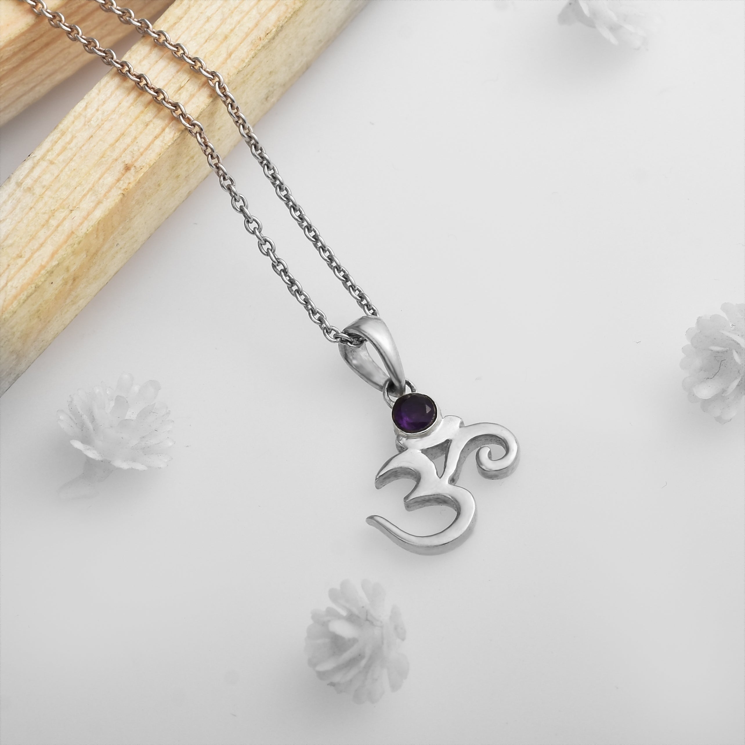 Amethyst Round Om Pendant Necklace 925 Sterling Silver