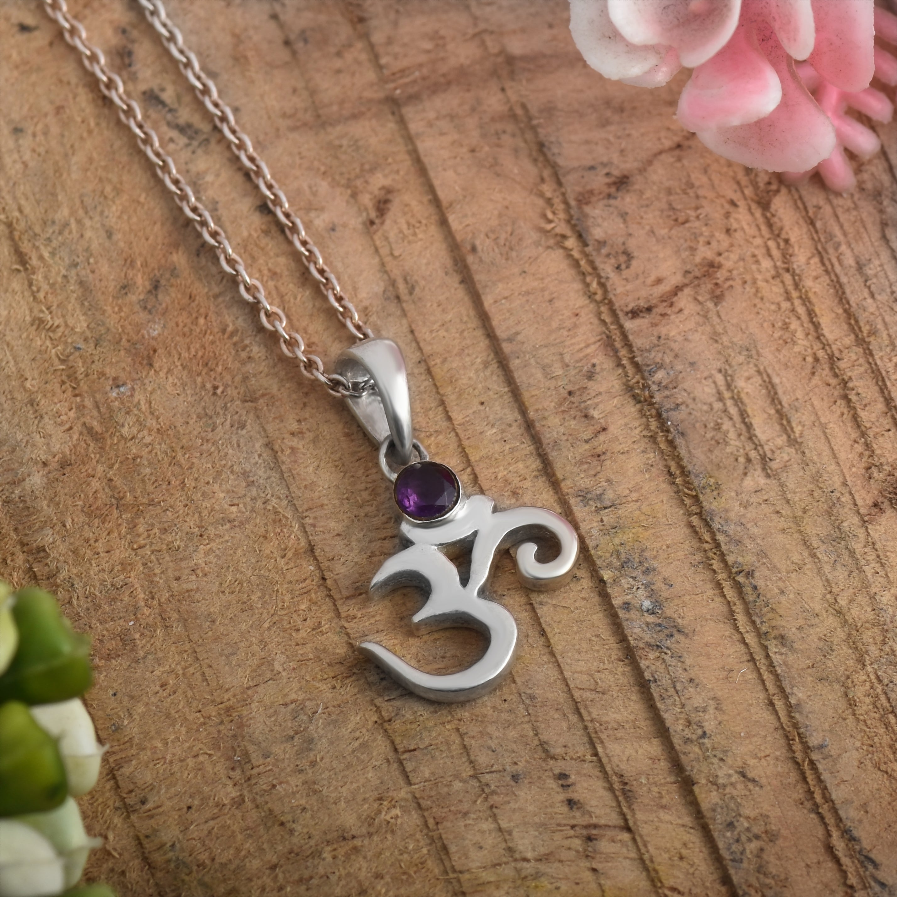 Amethyst Round Om Pendant Necklace 925 Sterling Silver
