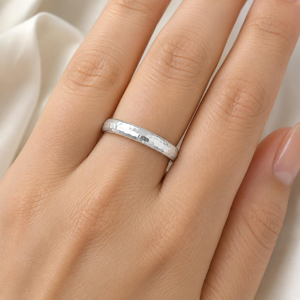 925 Sterling Silver Classic Textured Dome Hammered Band Ring