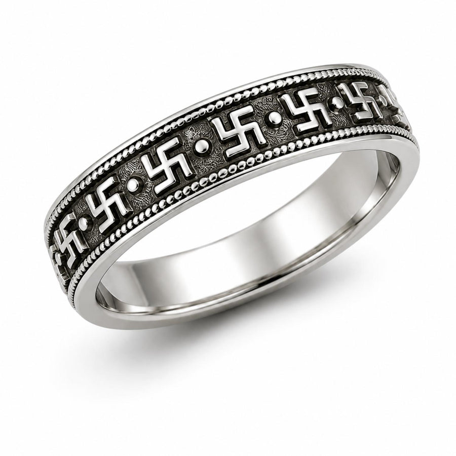 Oxidised Traditional Swastik Motif Band Ring – 925 Sterling Silver