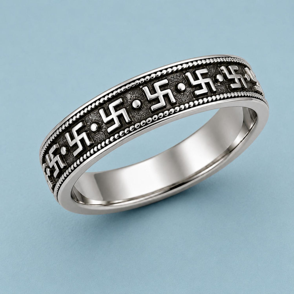925 Sterling Silver Oxidized Traditional Swastik Motif Band Ring