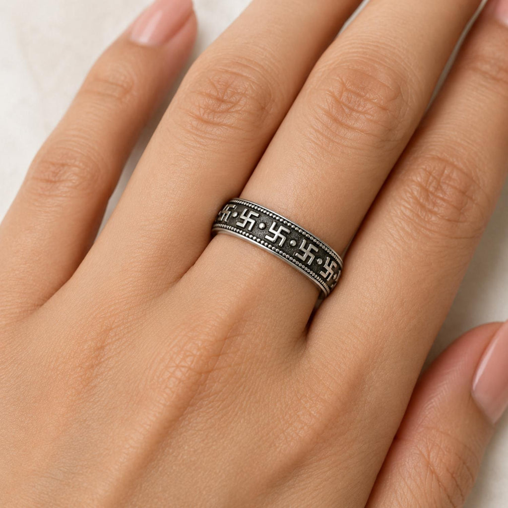 925 Sterling Silver Oxidized Traditional Swastik Motif Band Ring