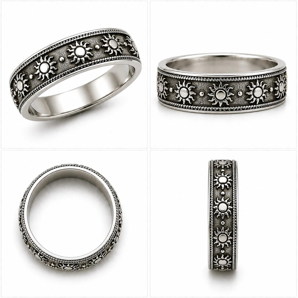 925 Sterling Silver Oxidized Sun Motif Band Ring