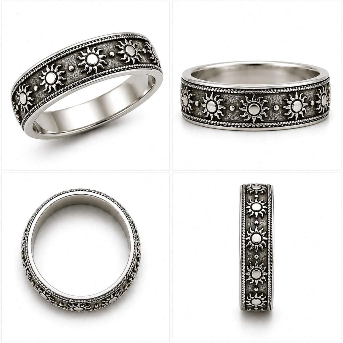 925 Sterling Silver Oxidized Sun Motif Band Ring