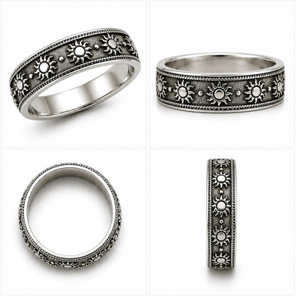 Oxidised Sun Motif Wide Band Ring – 925 Sterling Silver