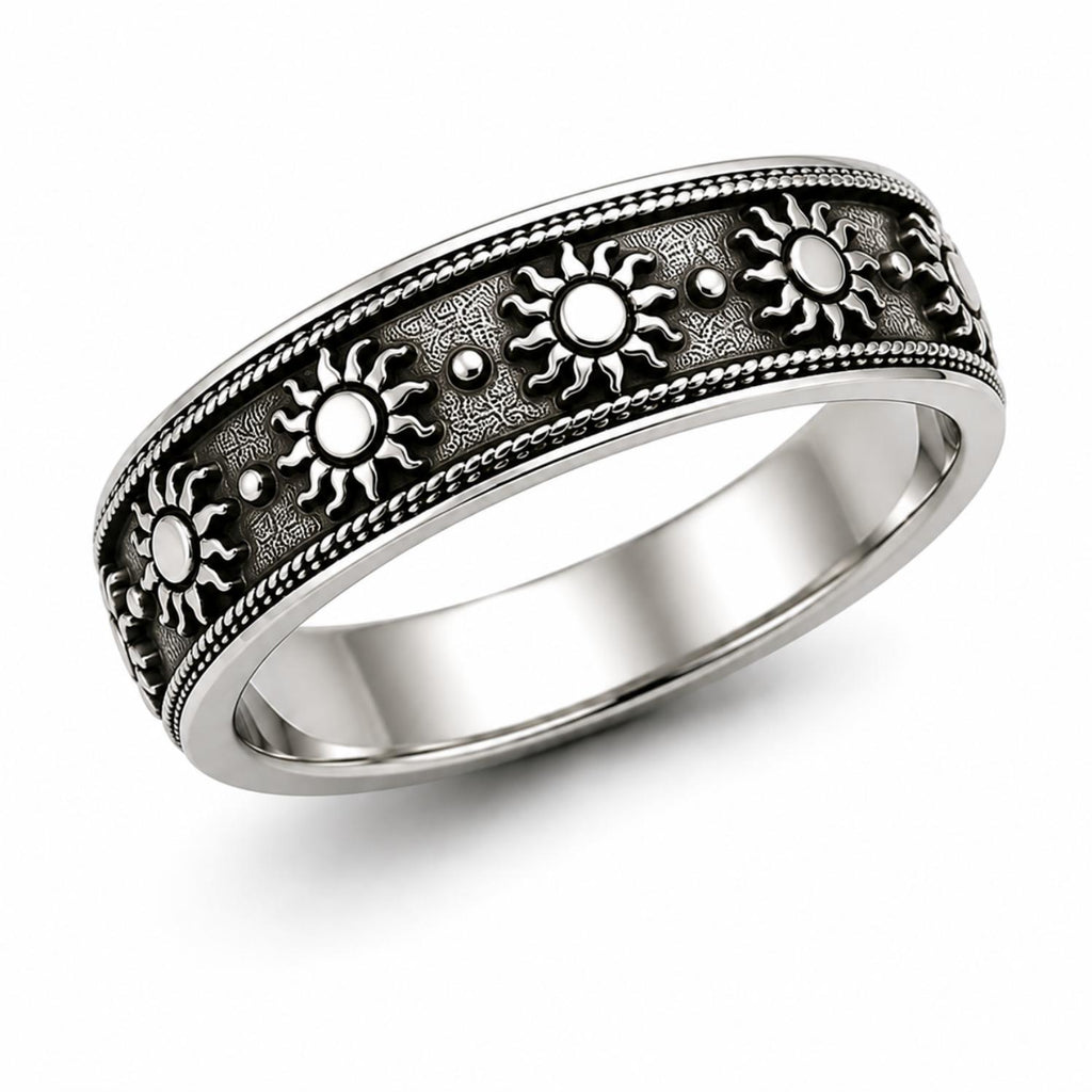 925 Sterling Silver Oxidized Sun Motif Band Ring