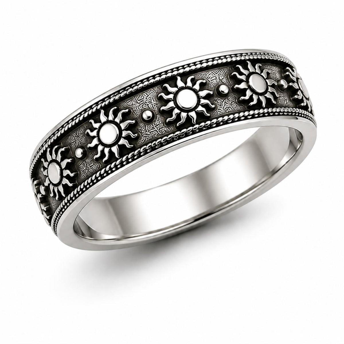 925 Sterling Silver Oxidized Sun Motif Band Ring