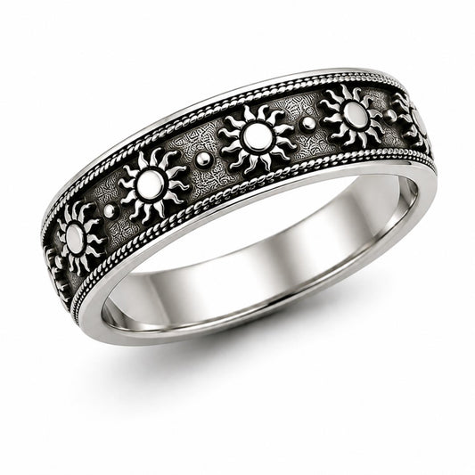 Oxidised Sun Motif Wide Band Ring – 925 Sterling Silver