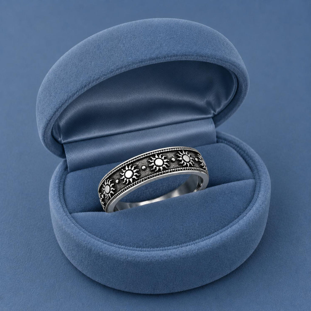 925 Sterling Silver Oxidized Sun Motif Band Ring