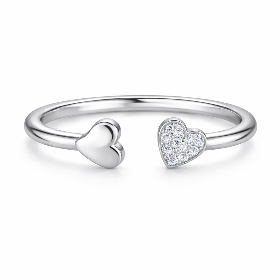 Polished and CZ Heart Open Cuff Ring – 925 Sterling Silver