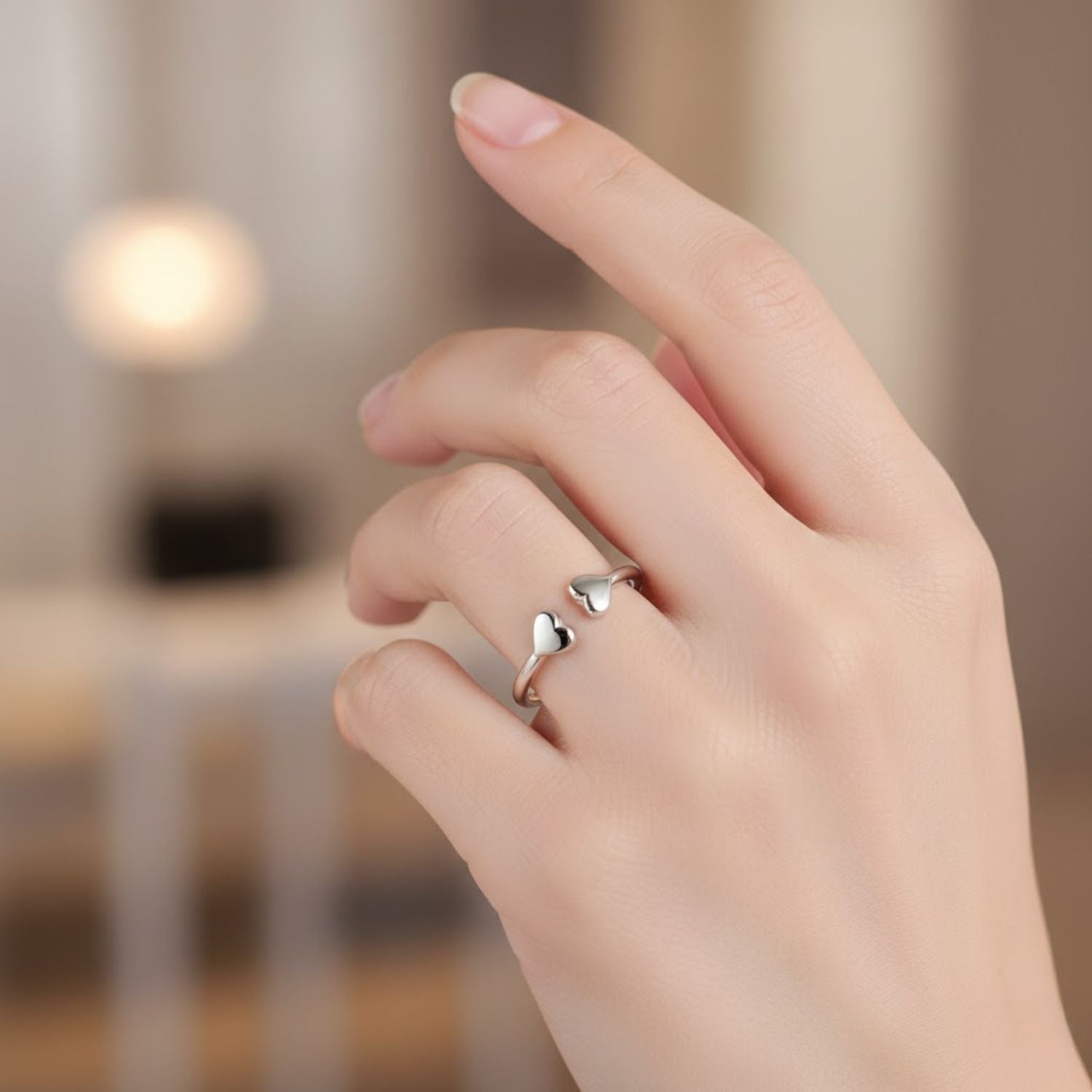 925 Sterling Silver Double Heart Open Cuff Ring