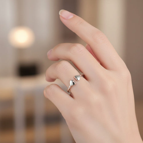 925 Sterling Silver Double Heart Open Cuff Ring