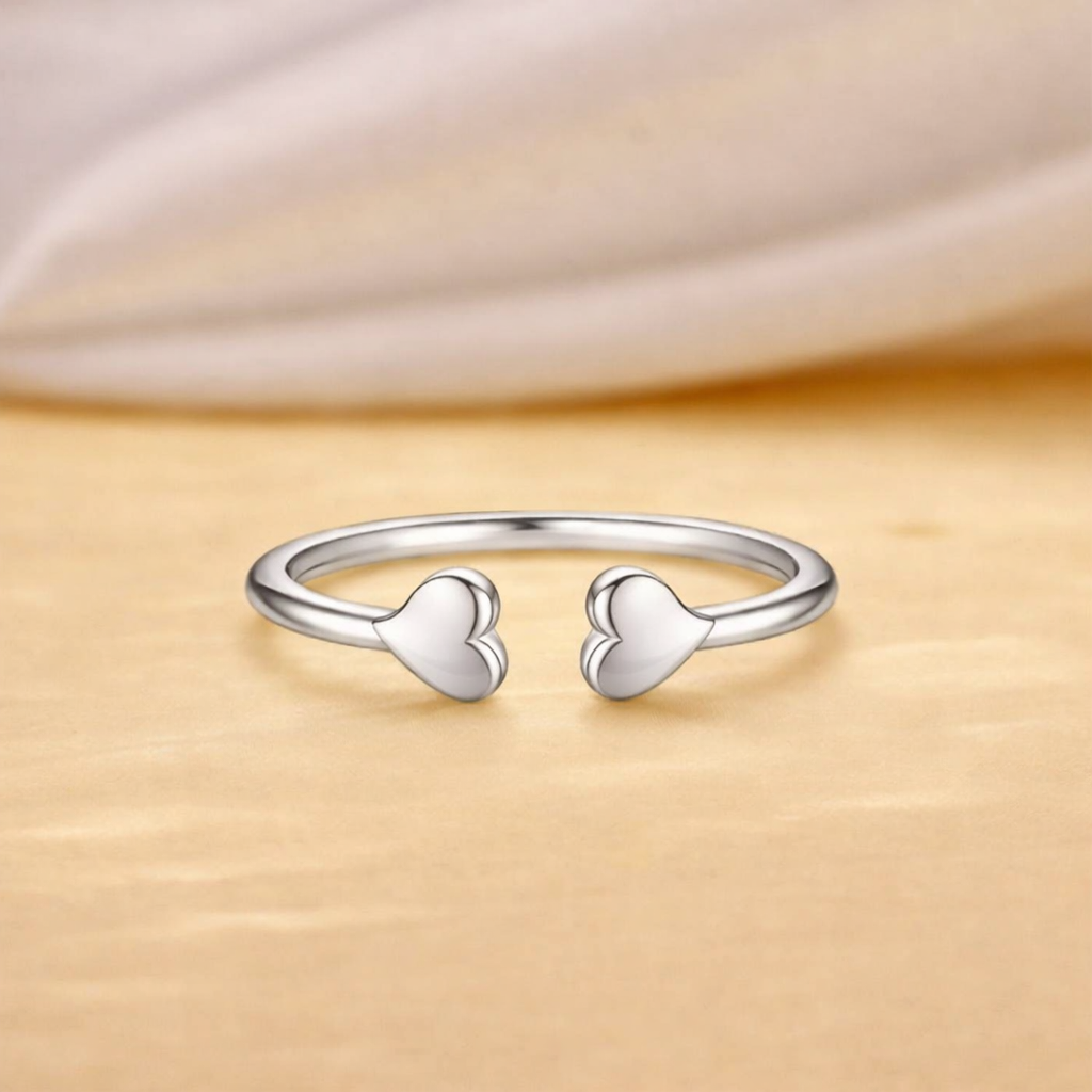 925 Sterling Silver Double Heart Open Cuff Ring