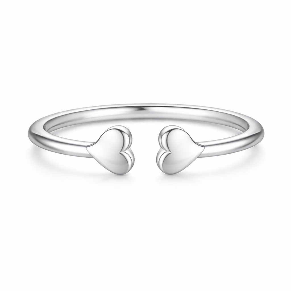 925 Sterling Silver Double Heart Open Cuff Ring