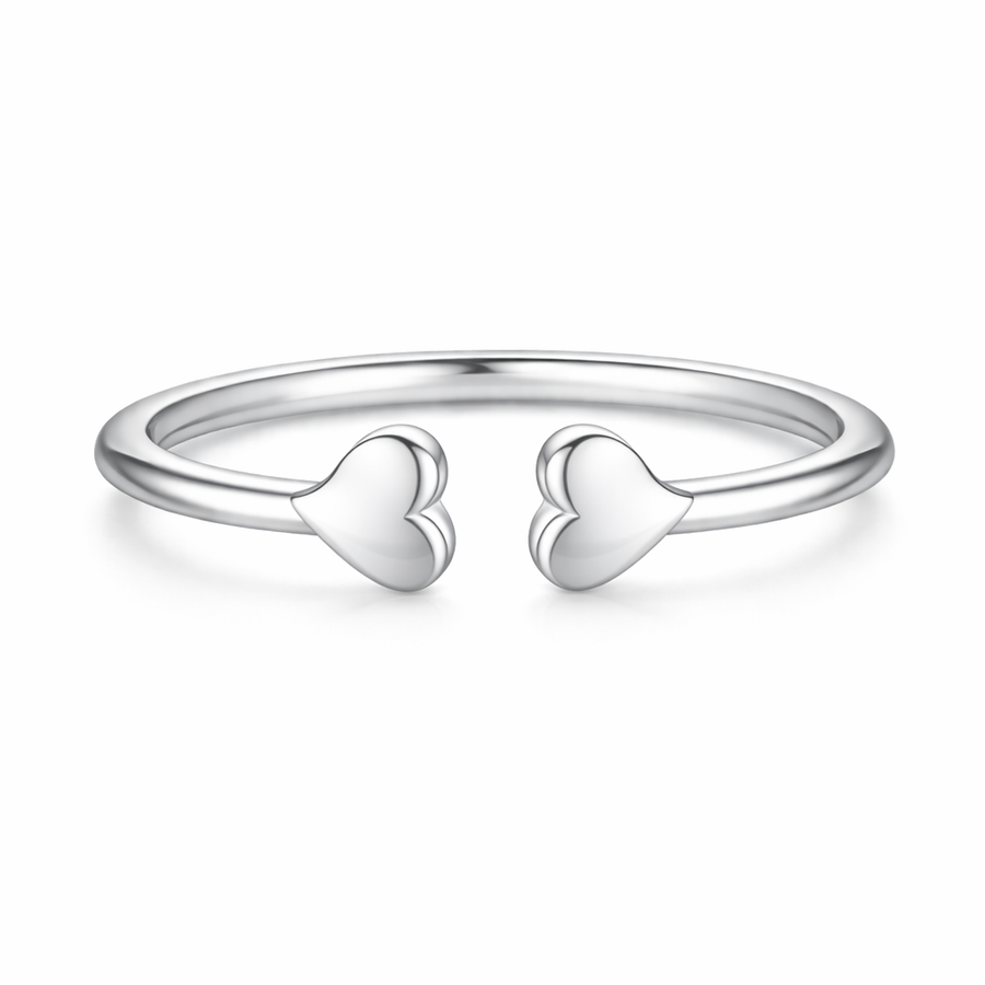 Double Polished Heart Open Cuff Ring – 925 Sterling Silver