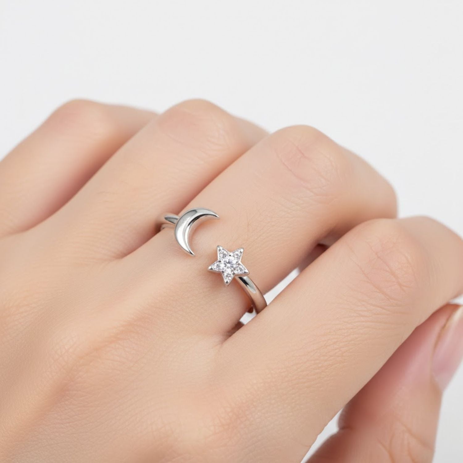 925 Sterling Silver Moon & Star Open Cuff Ring