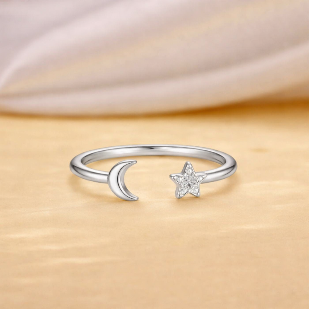 925 Sterling Silver Moon & Star Open Cuff Ring