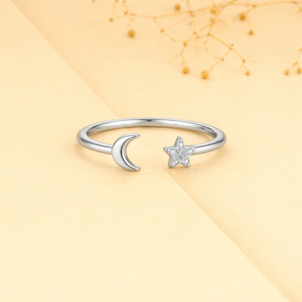 925 Sterling Silver Moon & Star Open Cuff Ring