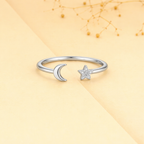 925 Sterling Silver Moon & Star Open Cuff Ring