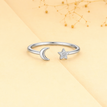 Crescent Moon and CZ Star Open Cuff Ring – 925 Sterling Silver