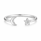 925 Sterling Silver Moon & Star Open Cuff Ring