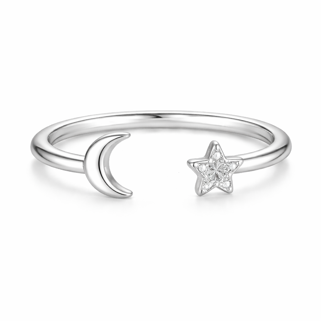 925 Sterling Silver Moon & Star Open Cuff Ring