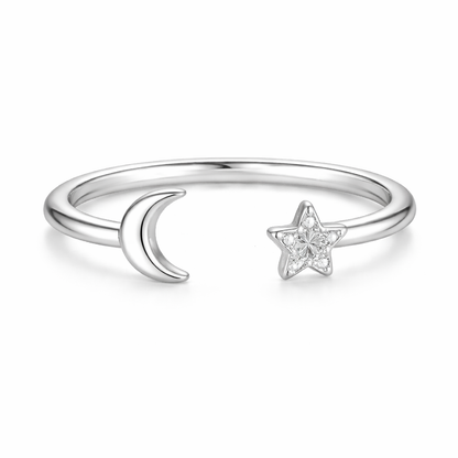 Crescent Moon and CZ Star Open Cuff Ring – 925 Sterling Silver
