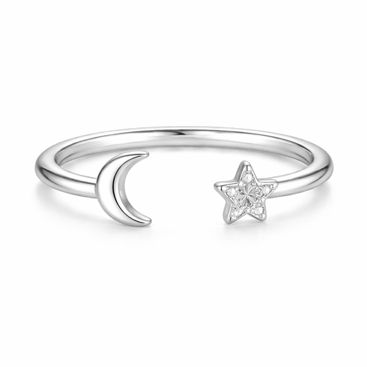 Crescent Moon and CZ Star Open Cuff Ring – 925 Sterling Silver