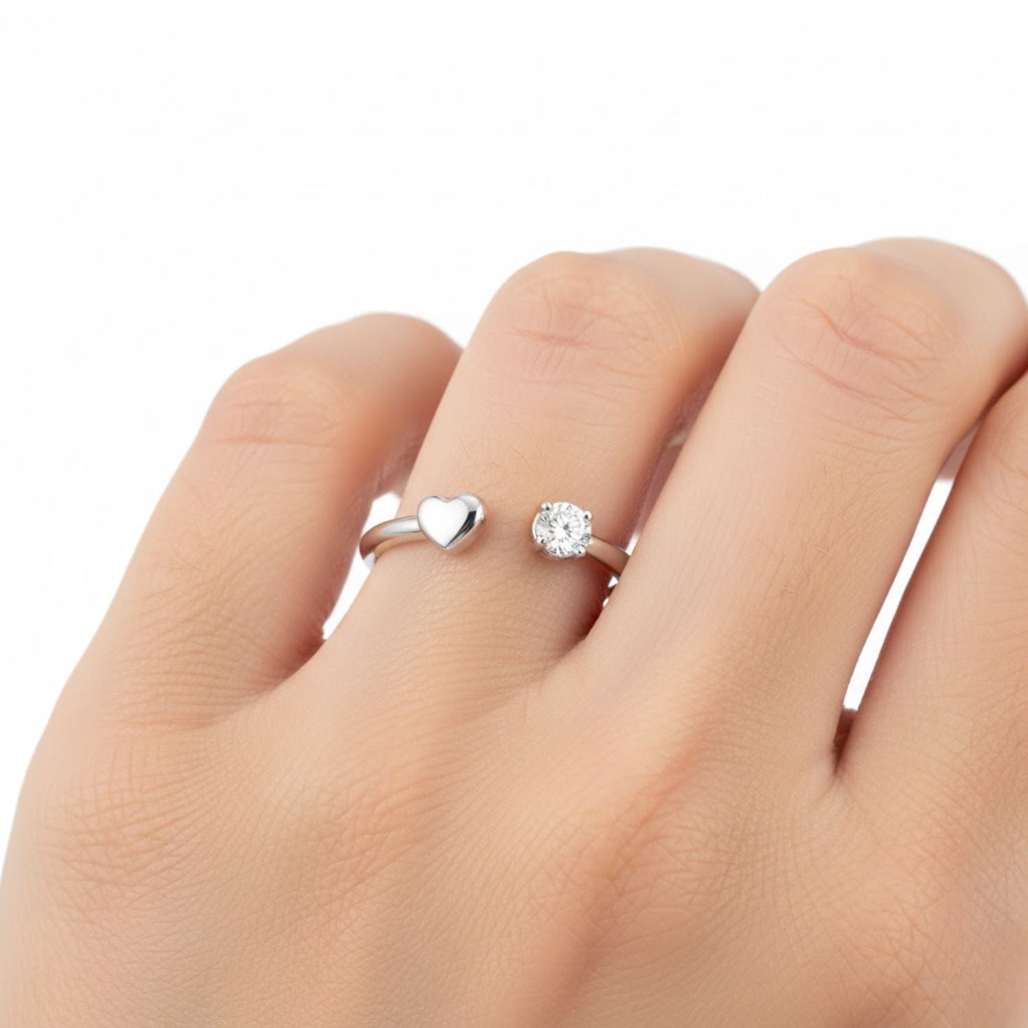 925 Sterling Silver Open Heart & Solitaire CZ Open Cuff Ring