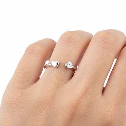 Heart and Solitaire CZ Open Cuff Ring – 925 Sterling Silver