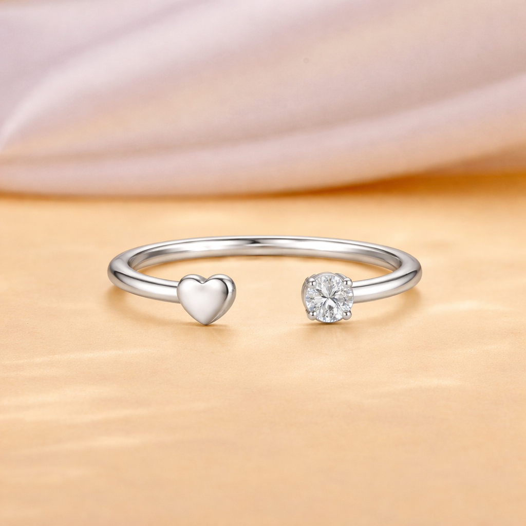 925 Sterling Silver Open Heart & Solitaire CZ Open Cuff Ring