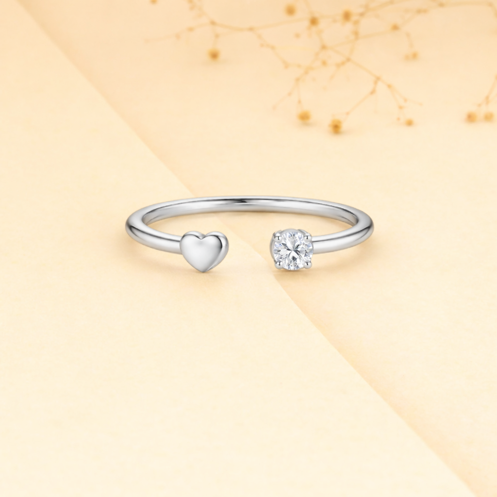 925 Sterling Silver Open Heart & Solitaire CZ Open Cuff Ring
