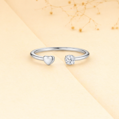 Heart and Solitaire CZ Open Cuff Ring – 925 Sterling Silver