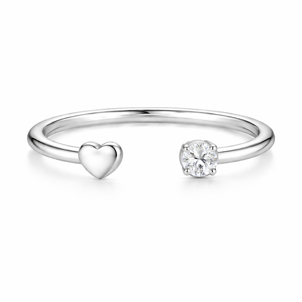 925 Sterling Silver Open Heart & Solitaire CZ Open Cuff Ring