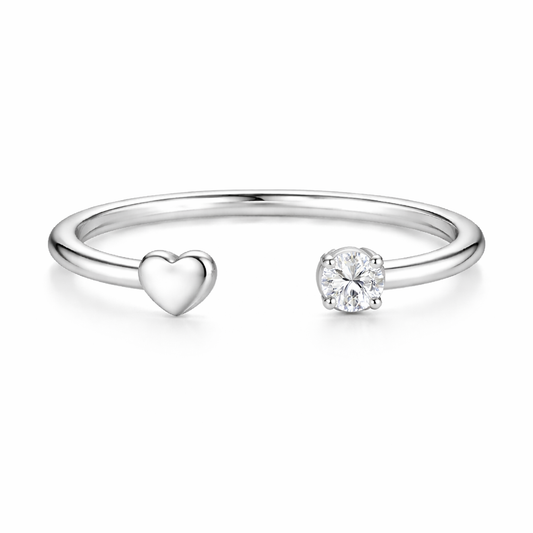 Heart and Solitaire CZ Open Cuff Ring – 925 Sterling Silver