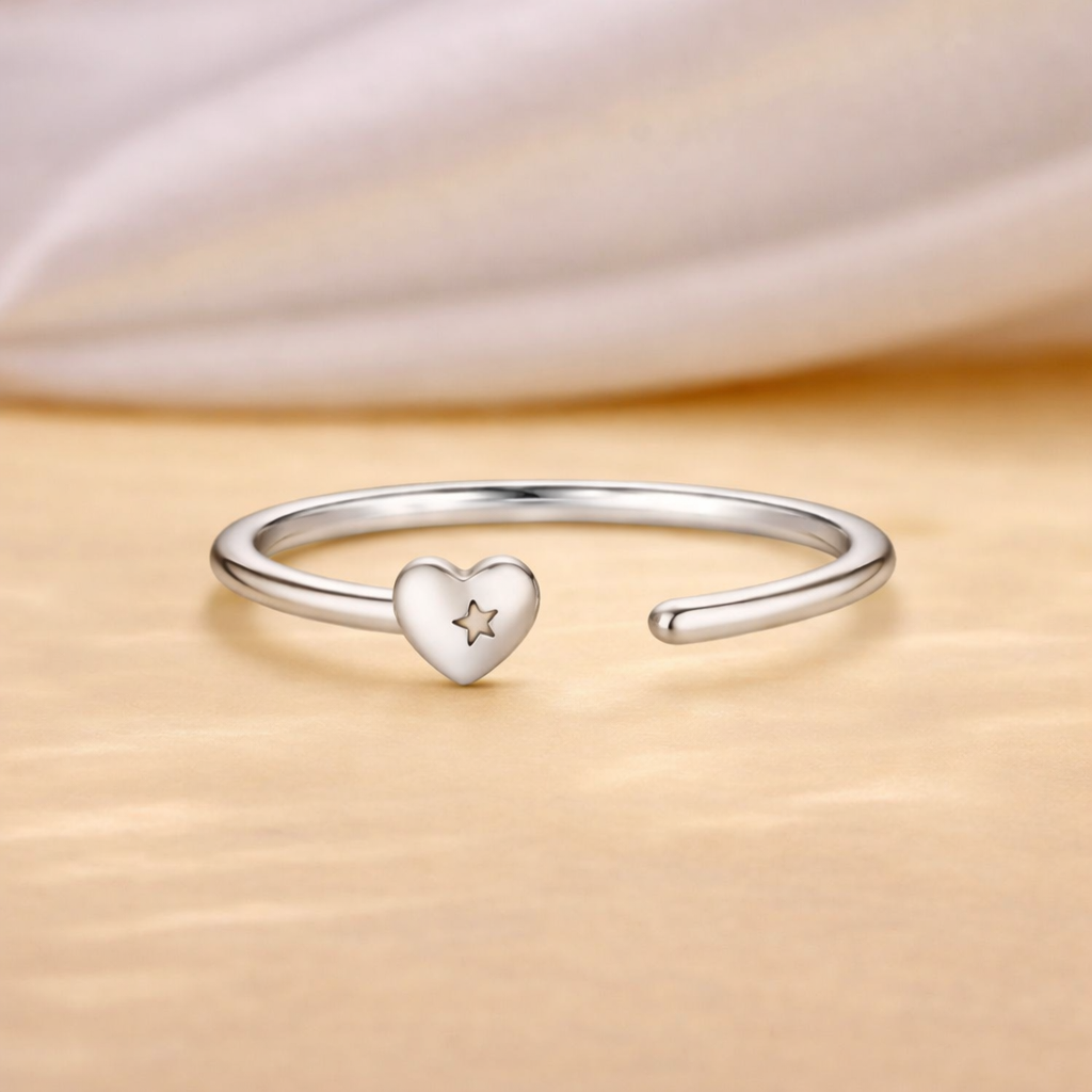 925 Sterling Silver Open Heart with Star Cutout Open Cuff Ring
