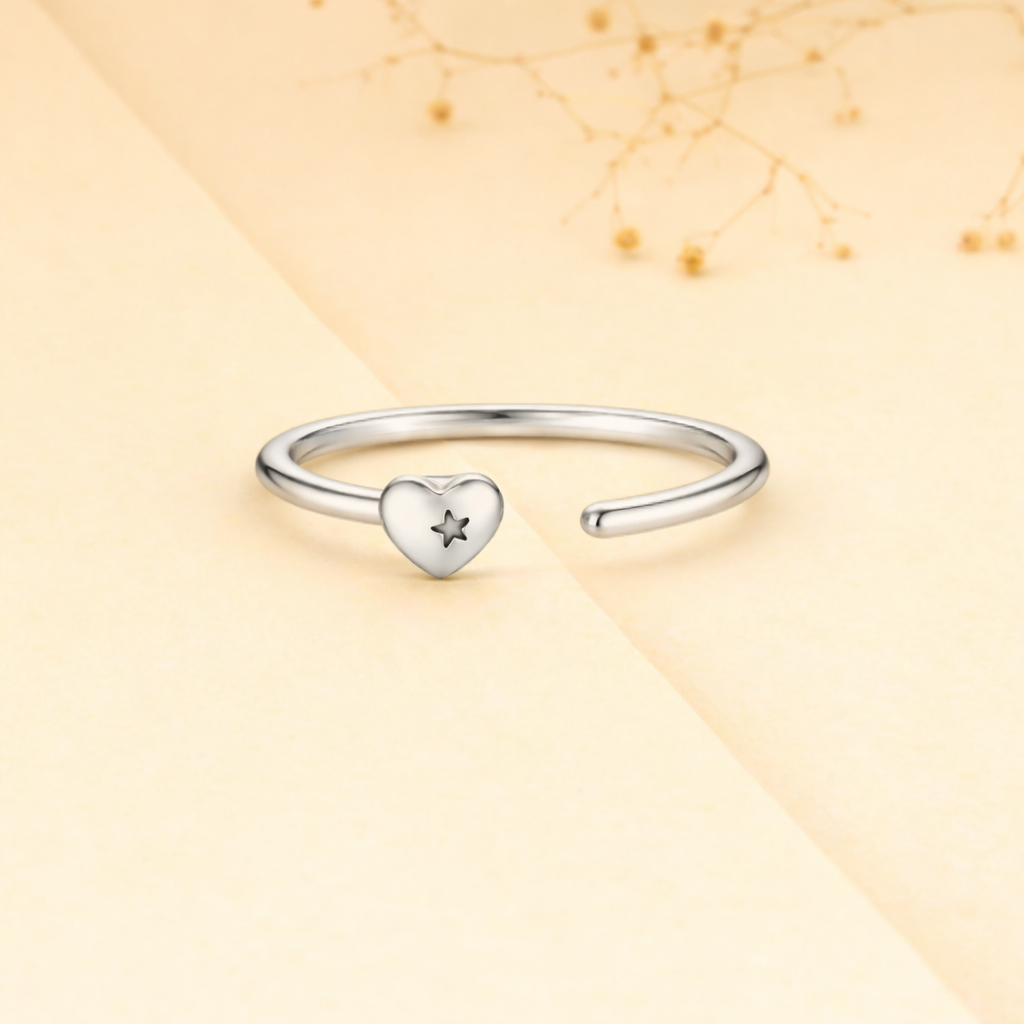 925 Sterling Silver Open Heart with Star Cutout Open Cuff Ring