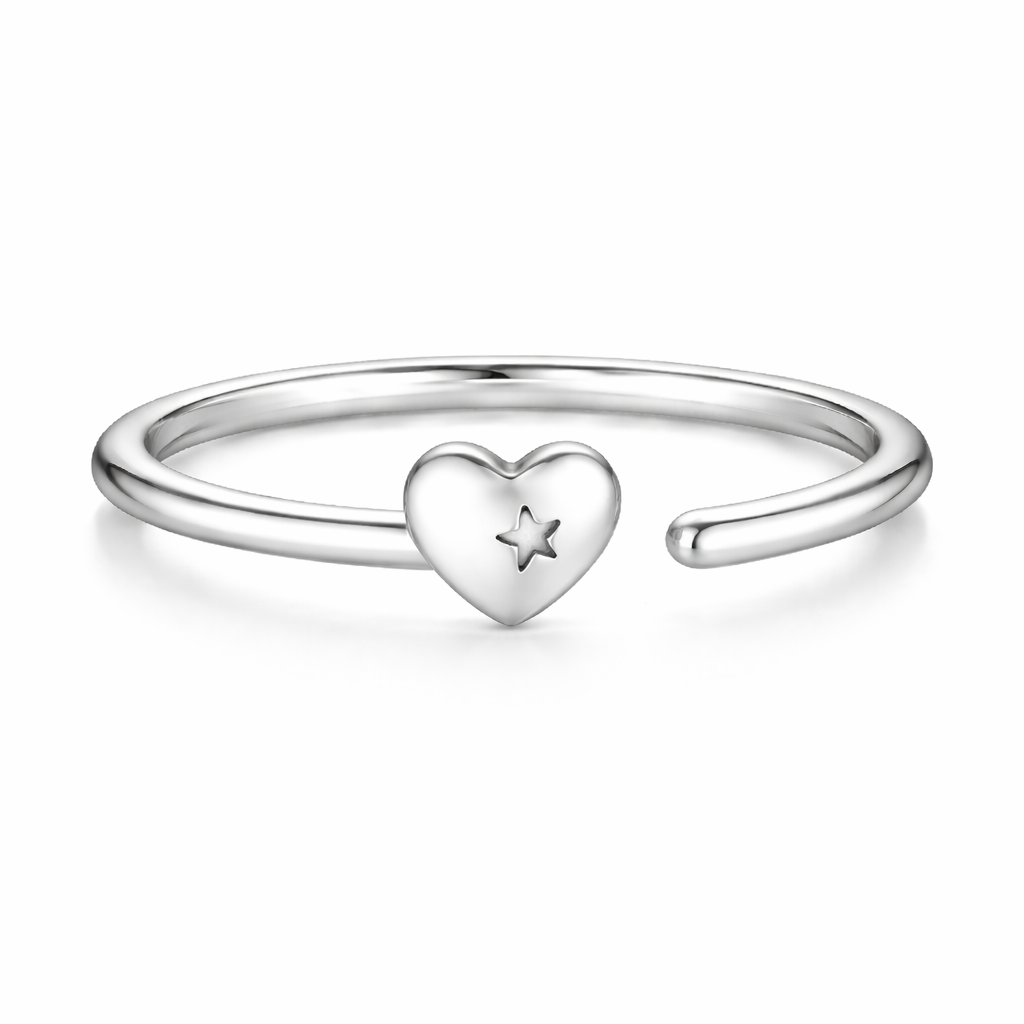 925 Sterling Silver Open Heart with Star Cutout Open Cuff Ring