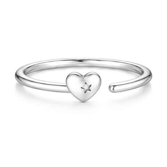 Heart with Star Cutout Open Cuff Ring – 925 Sterling Silver