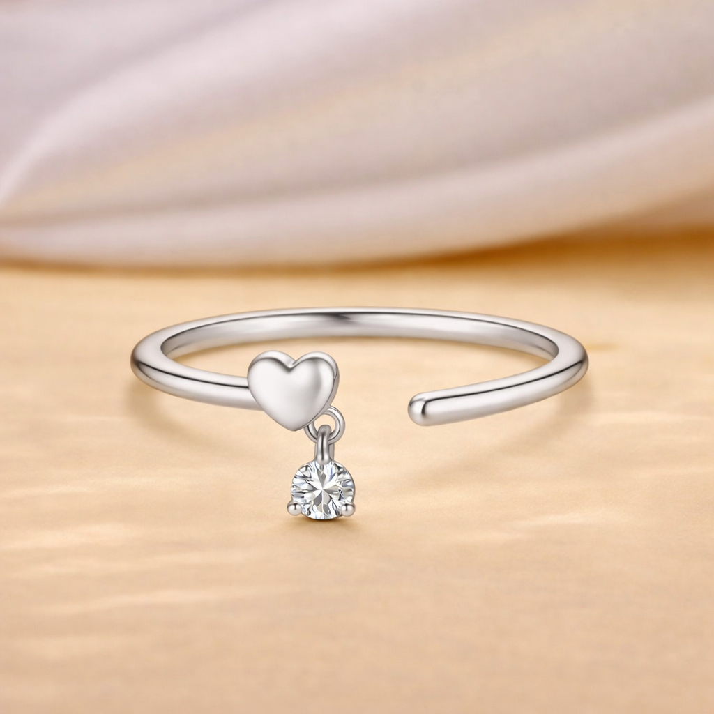 925 Sterling Silver Open Heart Charm Open Cuff Ring