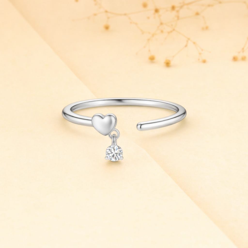925 Sterling Silver Open Heart Charm Open Cuff Ring