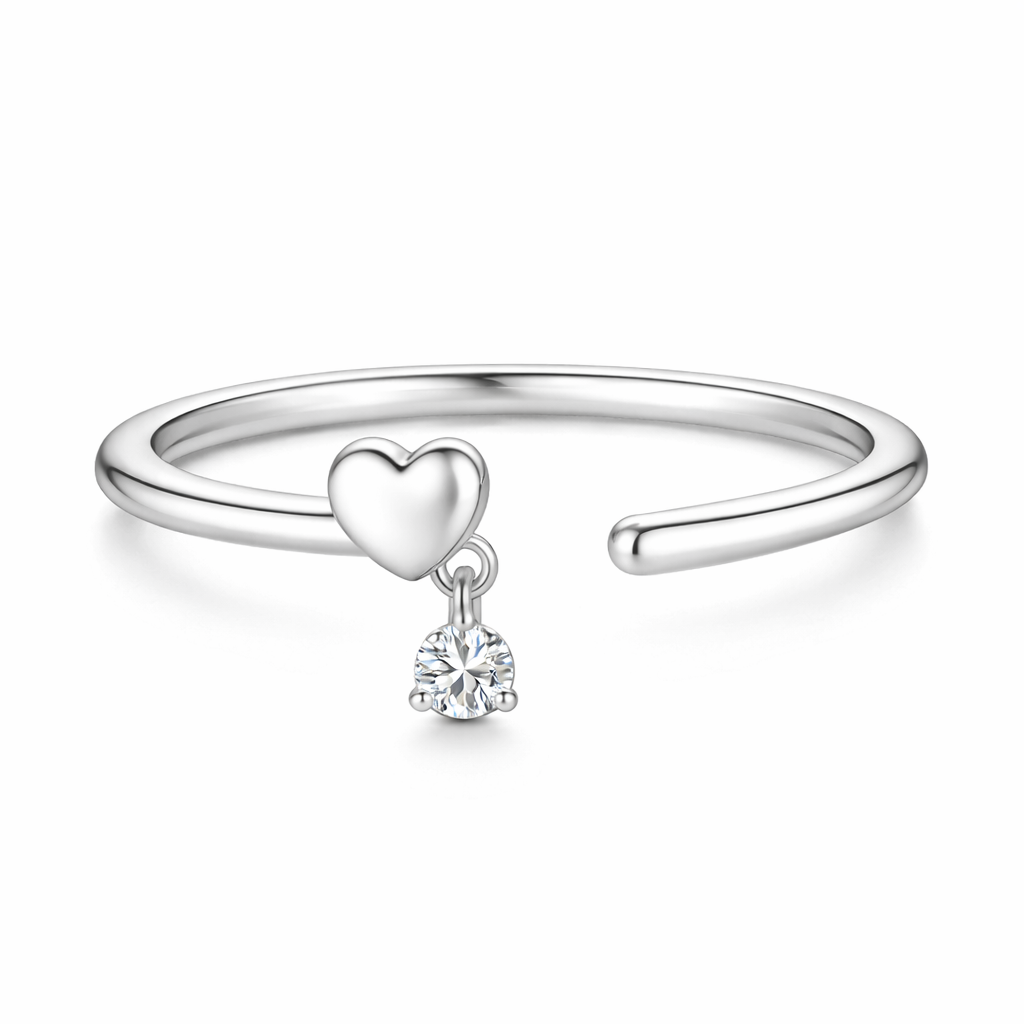 925 Sterling Silver Open Heart Charm Open Cuff Ring