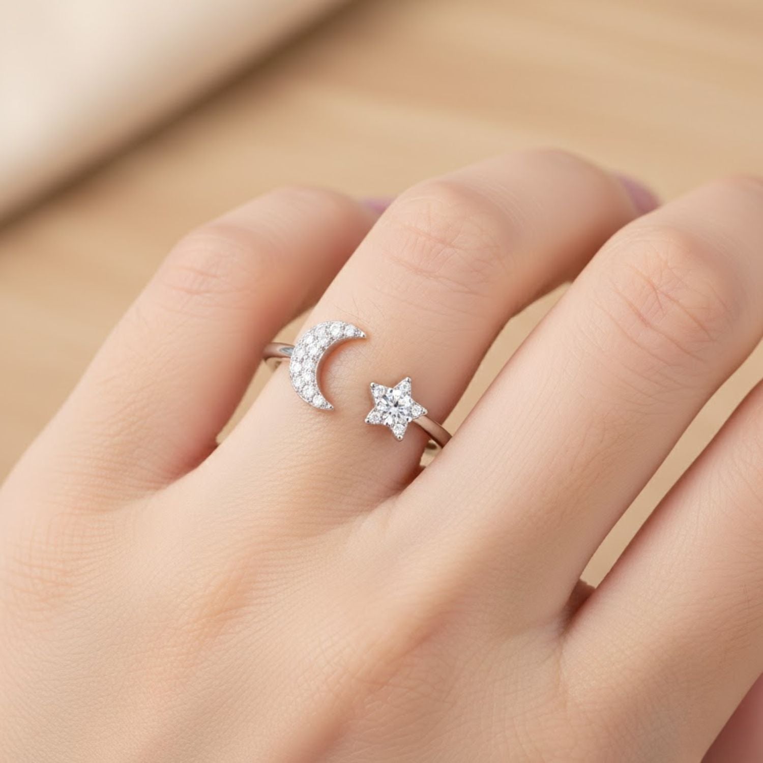 925 Sterling Silver Moon & Star Open Cuff Ring
