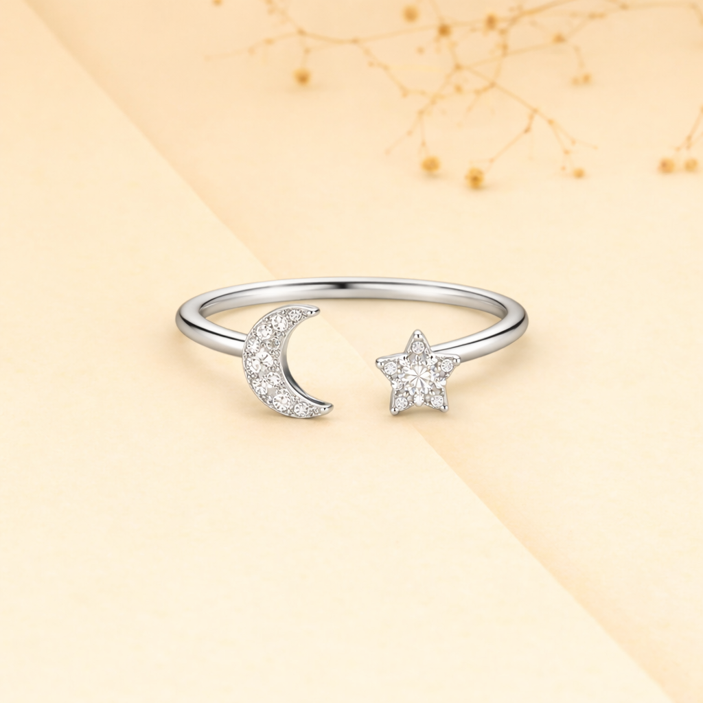 925 Sterling Silver Moon & Star Open Cuff Ring
