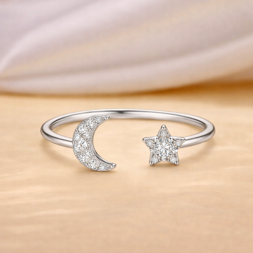 925 Sterling Silver Moon & Star Open Cuff Ring