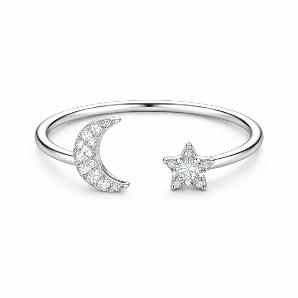 925 Sterling Silver Moon & Star Open Cuff Ring