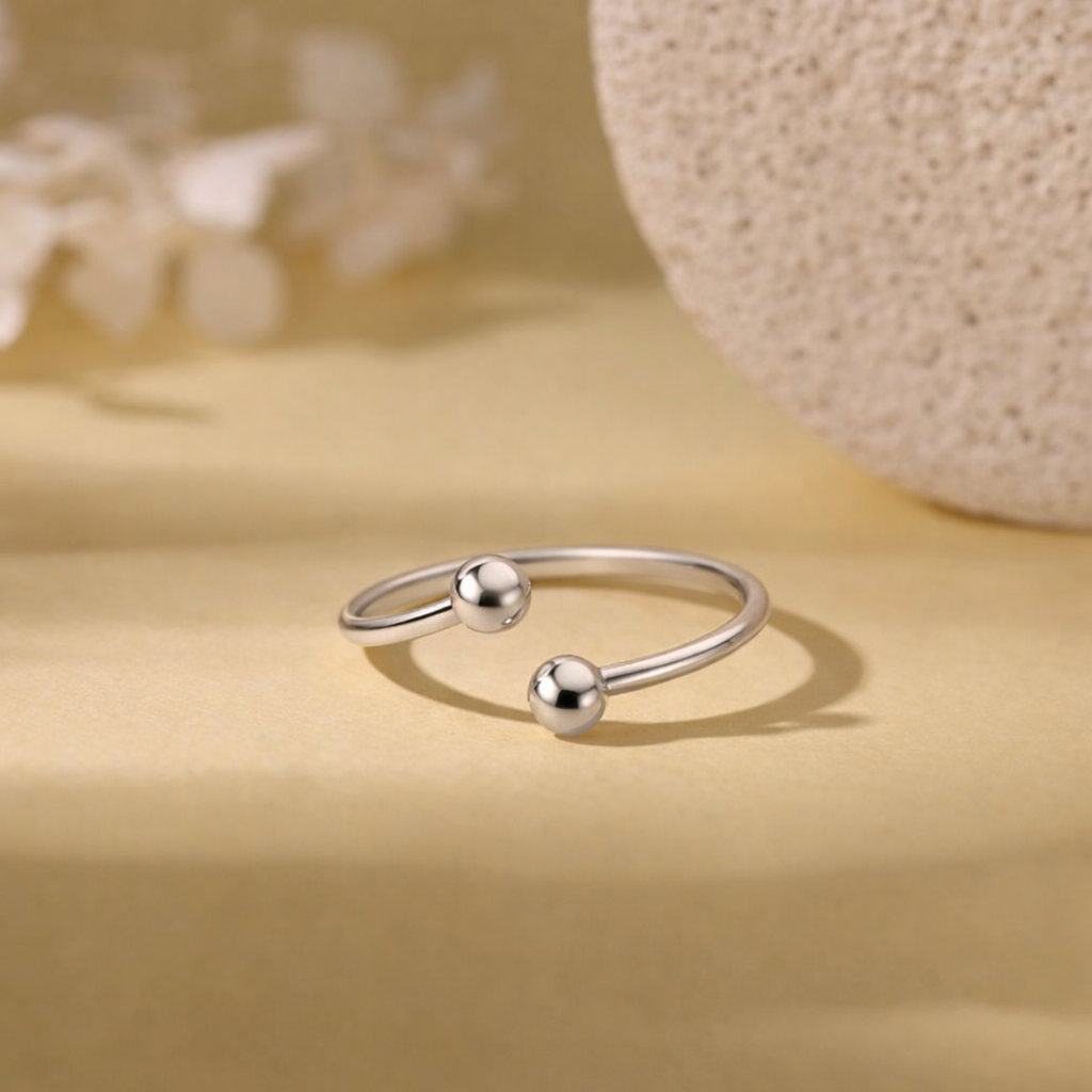 925 Sterling Silver Dual Ball Open Cuff Ring