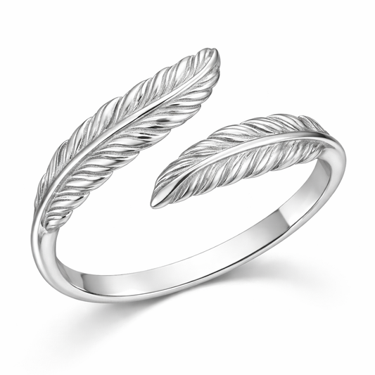 Double Feather Open Cuff Ring – 925 Sterling Silver