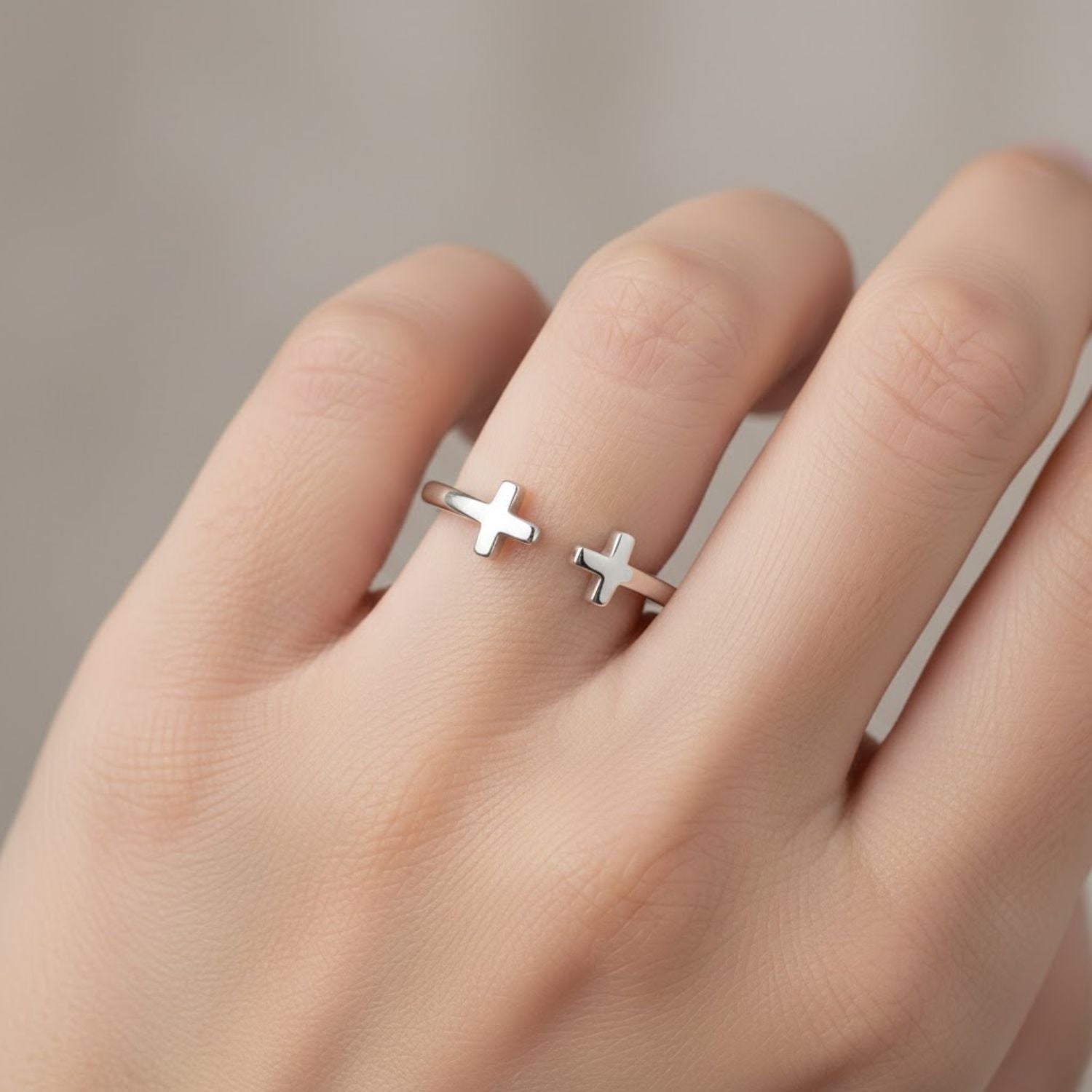 925 Sterling Silver Minimal Double Cross Open Cuff Ring