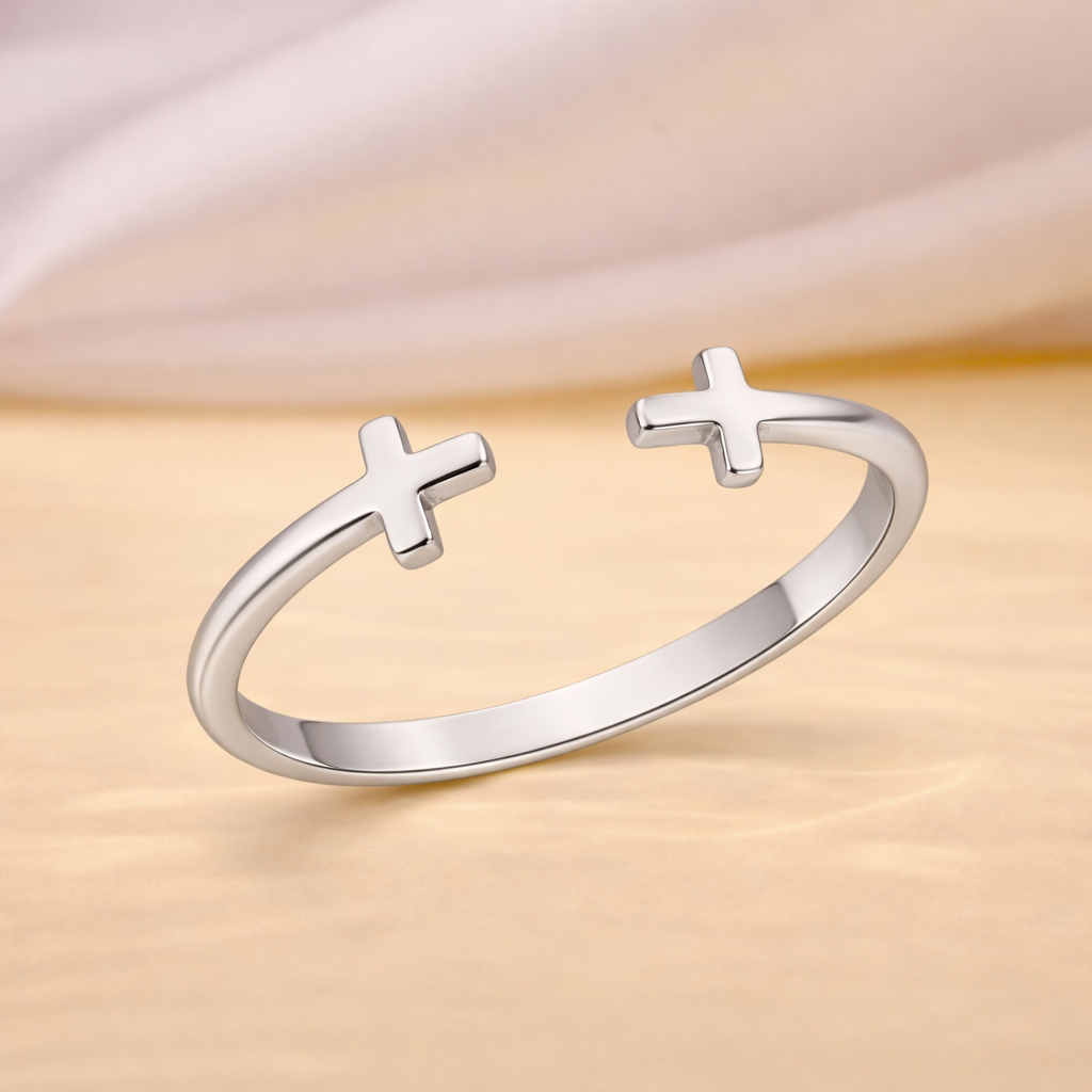925 Sterling Silver Minimal Double Cross Open Cuff Ring
